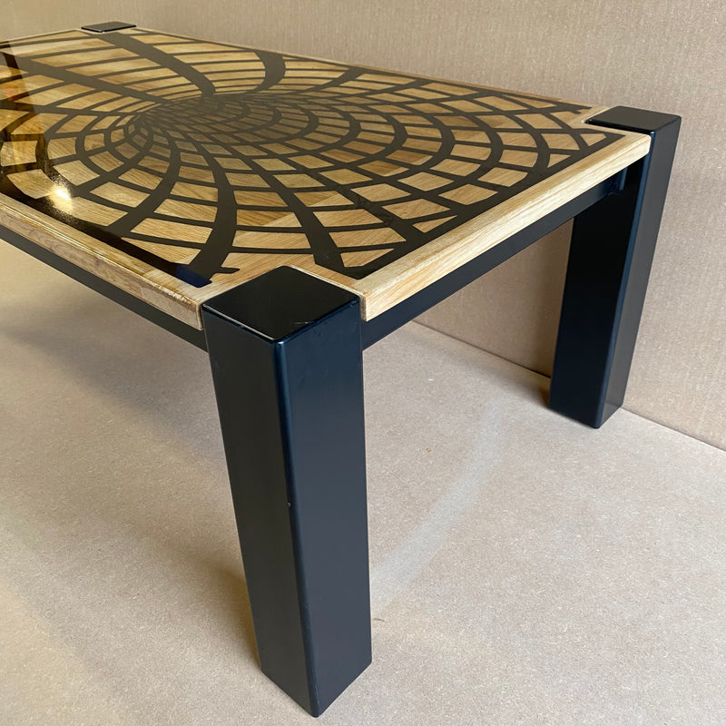 METAL FRAME POWDER COATING SOLID OAK RESIN TOP COFFEE TABLE 1300 X 700 X 400 mm - MADE IN BRITAIN